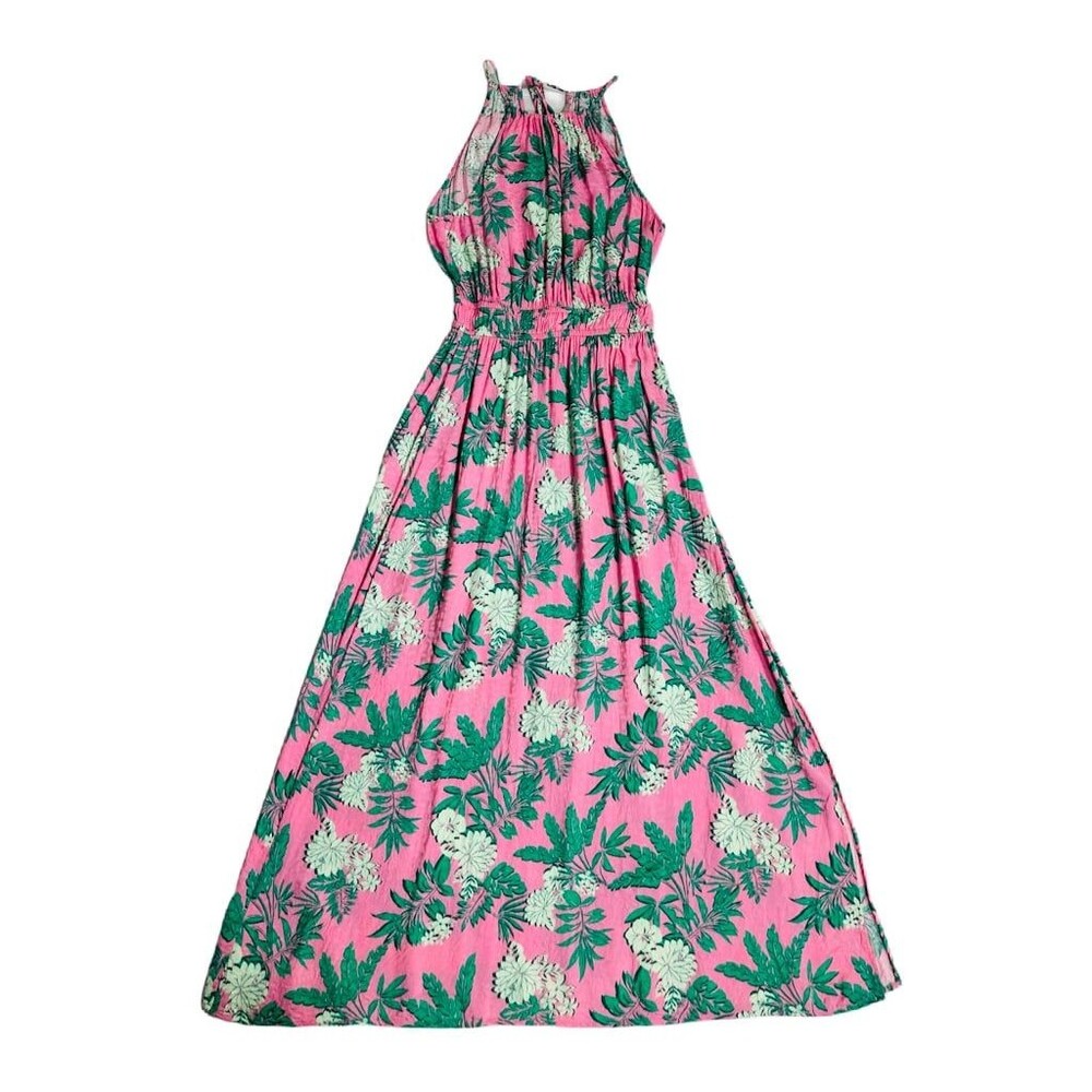 LOFT Pink Tropical Floral Print Viscose Halter-neck Lightweight Maxi Dress Sz 4